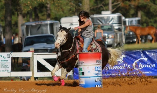 barrel racing cowgirl on paint horse