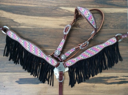 pink and black fringe tack set